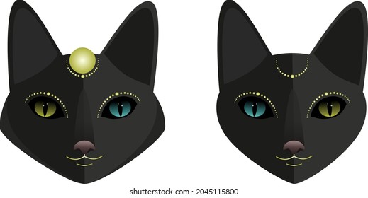 Black cat head, magic black cats with realistic eyes. Cat masks with golden elements. Cartoon Halloween logo or icon, vector character illustration