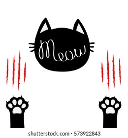 Black cat head. Meow lettering contour text. Two paw print leg foot. Bloody claws scratching animal Cute cartoon character silhouette. Baby pet collection. Flat design White background Isolated Vector