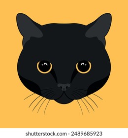 Black cat head on yellow background. Feline face. Black cat with big yellow eyes. Vector illustration