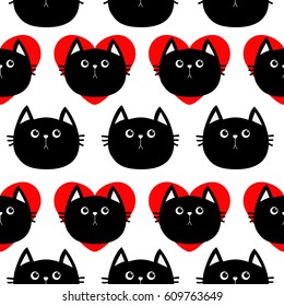 Black cat head with red heart. Cute cartoon character. Baby pet collection. Seamless Pattern Wrapping paper, textile template. White background. Flat design. Vector illustration