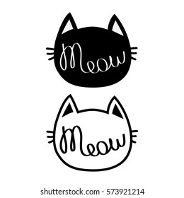 Black cat head silhouette contour set. Meow lettering text. Cute cartoon character . Kawaii animal. Baby pet collection. Sign Symbol. Flat design style. White background. Isolated. Vector illustration