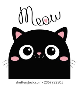 Black cat head silhouette. Cute cartoon baby character. Smiling face. Pink nose, ears, cheeks. Kawaii pet animal. Funny kitten. Meow. Sticker print. Flat design. White background. Vector illustration