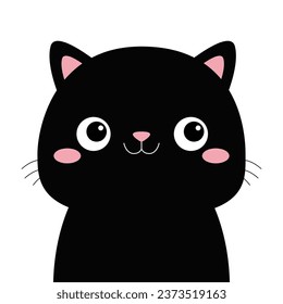 Black cat head silhouette. Cute cartoon baby character. Smiling face. Pink nose, ears, cheeks. Kawaii pet animal. Funny kitten. Sticker print. Flat design. White background. Vector illustration