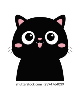 Black cat head silhouette. Cute cartoon baby character. Kawaii pet animal. Smiling face. Pink nose, ears, cheeks, tongue. Funny kitten. Sticker print. Flat design. White background Vector illustration