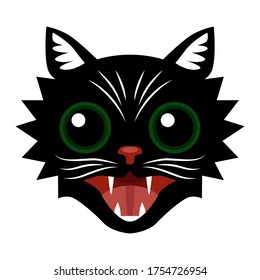 Black cat. The head of a black cat with a snarl and green eyes. Vector illustration isolated on a white background for design and web.