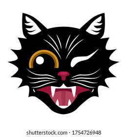 Black cat. The head of a black cat with a snarl and yellow eyes. The cat winks. Vector illustration isolated on a white background for design and web.
