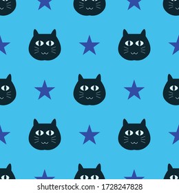 Black cat head with star seamless pattern