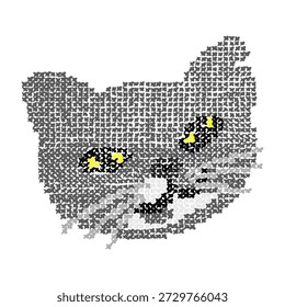 Black cat head vector illustration with cross stitch pattern style. Cute embroidery kitten face with yellow eyes isolated on white background. Hand drawn craft design for stickers and sewing lovers.