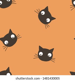 Black cat head vector seamless pattern. Spooky kitten, wizard animal on orange background. Cute cat looking calm. Witch pet, funny halloween wrapping paper, wallpaper textile design