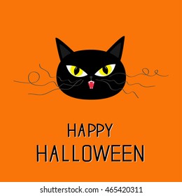 Black cat head. Yellow eyes, fangs, curl moustaches whisker. Happy Halloween greeting card. Funny cartoon character. Isolated. Orange background. Flat design. Vector illustration