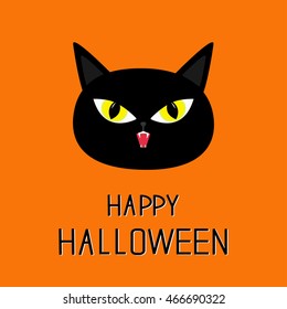 Black cat head. Yellow eyes, fangs. Happy Halloween greeting card. Funny cartoon character. Isolated. Orange background. Flat design. Vector illustration