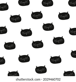 Patrón de cabezas de gato negro. Ilustración vectorial de cartón 