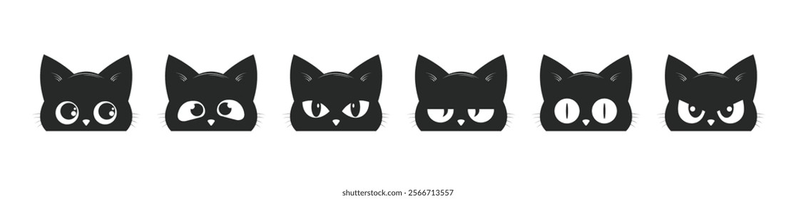 black cat heads with various characters isolated white background