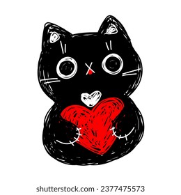 Black cat with heart. Hand drawn fluffy cat paw. Animal greets. Black Halloween kitten. Hand drawn textured sketch vector isolated illustration.