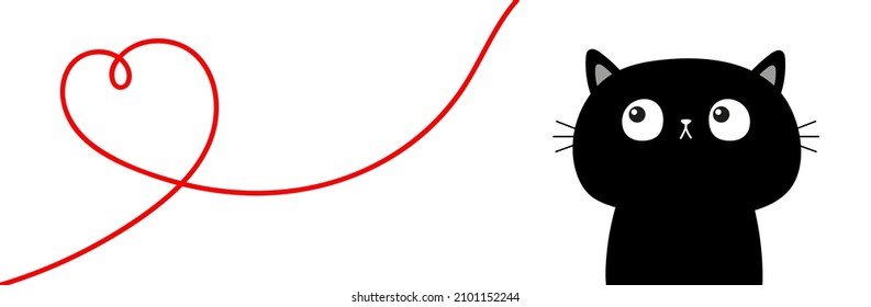 Black cat. Heart. One line hand draw doodle. Continuous line art. Red hearts. Happy Valentines Day. Decoration element. Love romantic sign symbol White background. Isolated. Vector illustration
