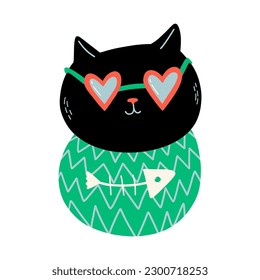 Black Cat In The Heart Shaped Sunglasses