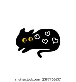 Gato negro con textura de corazones. Pegatina. Ilustración vectorial aislada
