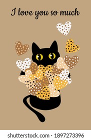 Gato negro y corazones. Tarjeta de San Valentín. Plantilla de moda para impresiones en tazas, camisetas, planeadores, portadas. Ilustración vectorial.
