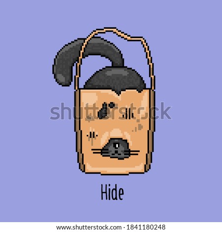 The black cat hid in a torn paper bag with its tail sticking out. The mustachioed fluffy pet is playing pranks in the house. Cute pixel illustration of an animal for video games, animation, stickers.