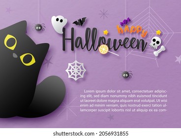 Black cat hide peek with wording and symbols of Halloween day in paper cut style on purple paper pattern background. Halloween greeting card in paper cut style and vector design.