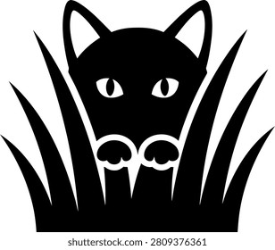 Black cat hiding behind long grass silhouette graphic