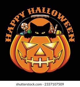 Black cat hiding behind pumpkin vector illustration for your company or brand