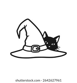 Black cat hiding inside witch hat with playful Halloween theme – Vector Illustration