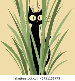 Black cat hiding while playing in grass while hunting and staring at prey. Stealth feline predator looking focused with attention, natural stalking instinct in backyard garden for curious pet behavior