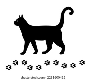 Black cat and his footprints. Vector isolated cat silhouette. Domestic animal. Home pet. Flat element for poster of zoo store, logo, print, decorative sticker