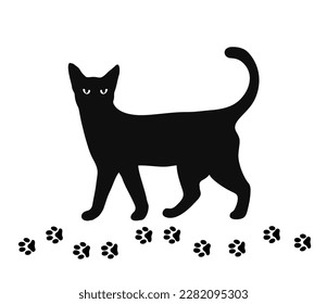 Black cat and his footprints. Vector isolated cat silhouette. Domestic animal. Home pet. Flat element for poster of zoo store, logo, print, decorative sticker