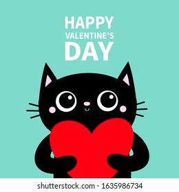 Black cat holding big red heart. Happy Valentines Day. Cute cartoon character. Kitty kitten. Funny Kawaii animal. Baby card. Pet collection. Flat design. Blue background. Vector illustration