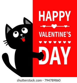 Black cat holding big signboard. Looking up. Cute cartoon funny kitten kitty hiding behind paper. Valentines Day Calligraphy lettering text. Flat design. Typography print. Red heart background. Vector