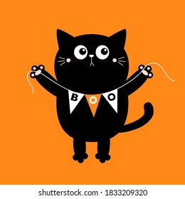Black cat holding bunting flag Boo. Happy Halloween. Scary animal. Cute cartoon kawaii spooky character. Smiling face, hands. Orange background. Greeting card. Flat design. Vector illustration