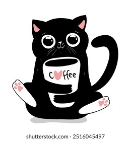 Black Cat holding Coffee cup, perfect for Caffeine Lovers, Cat Lovers. Kawaii flat style, Vector Illustration.