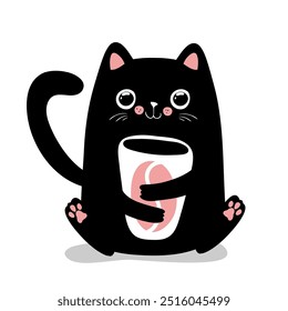 Schwarze Katze, die Kaffeetasse hält, perfekt für Koffein-Liebhaber, Katzenliebhaber. Kawaii flachen Stil, Vektorgrafik.