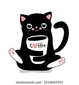 Schwarze Katze, die Kaffeetasse hält, perfekt für Koffein-Liebhaber, Katzenliebhaber. Kawaii flachen Stil, Vektorgrafik.