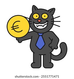 Black cat holding coin with euro sign and smiles. Vector Illustration