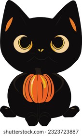 Black cat holding a Halloween pumpkin