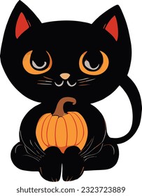 Black cat holding a Halloween pumpkin