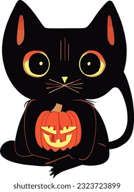 Gato negro sostiene una calabaza de Halloween