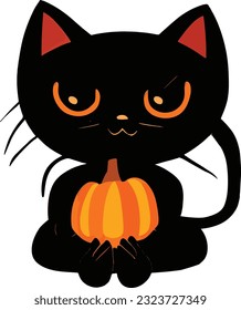Black cat holding a Halloween pumpkin