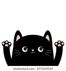 Black cat holding hands up. Pink paw print. Funny face head silhouette. Cute cartoon character. Kawaii animal. Baby card. Notebook cover. Pet collection. Flat design. White background. Vector