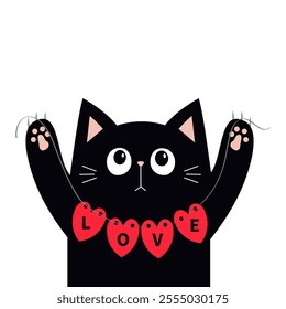 Black cat holding heart garland. Kitten face. Pink paw print. Kawaii baby pet animal. Cute cartoon character. Greeting card, sticker print. Flat design. White background. Isolated. Vector illustration