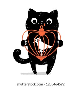 Black cat holding a heart shaped birdcage with a white bird inside. Valentine greeting card.