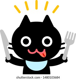 Black cat holding a knife and a fork