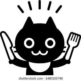 Black cat holding a knife and a fork