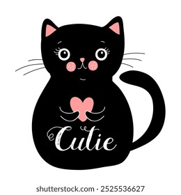 Gato negro que sostiene el corazón rosado. Feliz día de San Valentín. Personaje animal kawaii de dibujos animados lindo. Diseño plano. Ilustración vectorial