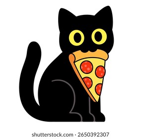 Black cat holding pizza slice in mouth. Funny cartoon drawing, cute and simple vector illustration.
