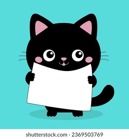 Black cat holding placard blank sign paper with paws. Web banner template. Kitten with big eyes. Cute cartoon funny baby character. Kawaii pet animal. Flat design. Blue background. Isolated. Vector