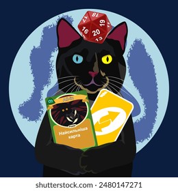 A black cat is holding playing cards of board games, on his head are D20 dice. The background is the moon. The illustration is made in cold colours. The picture conveys pleasure, playfulness, delight.